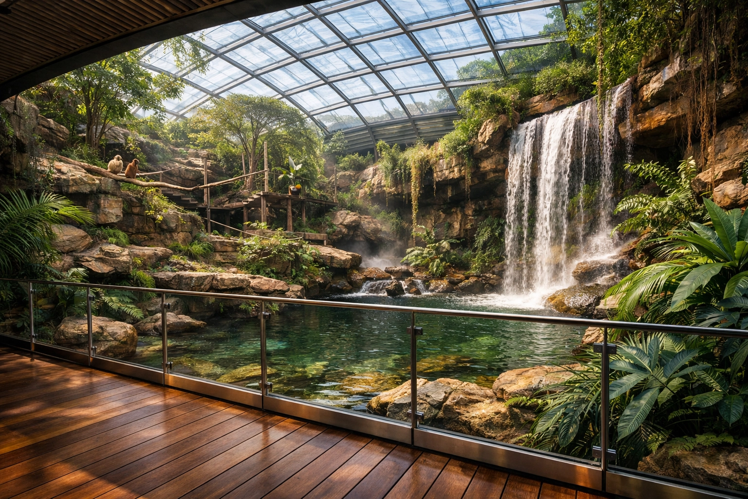 Modern immersive rainforest zoo exhibit with a waterfall, showcasing creative storytelling through habitat design.