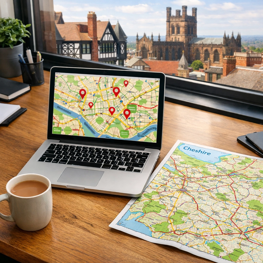 Laptop showing Chester map markers on an office desk, illustrating local SEO services for Cheshire businesses.