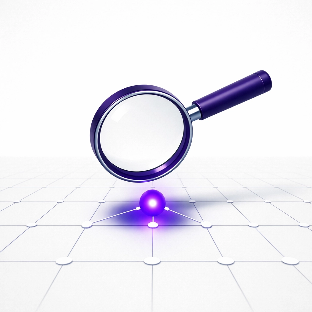 Magnifying glass over a data node illustrating professional human oversight in AI bookkeeping services.