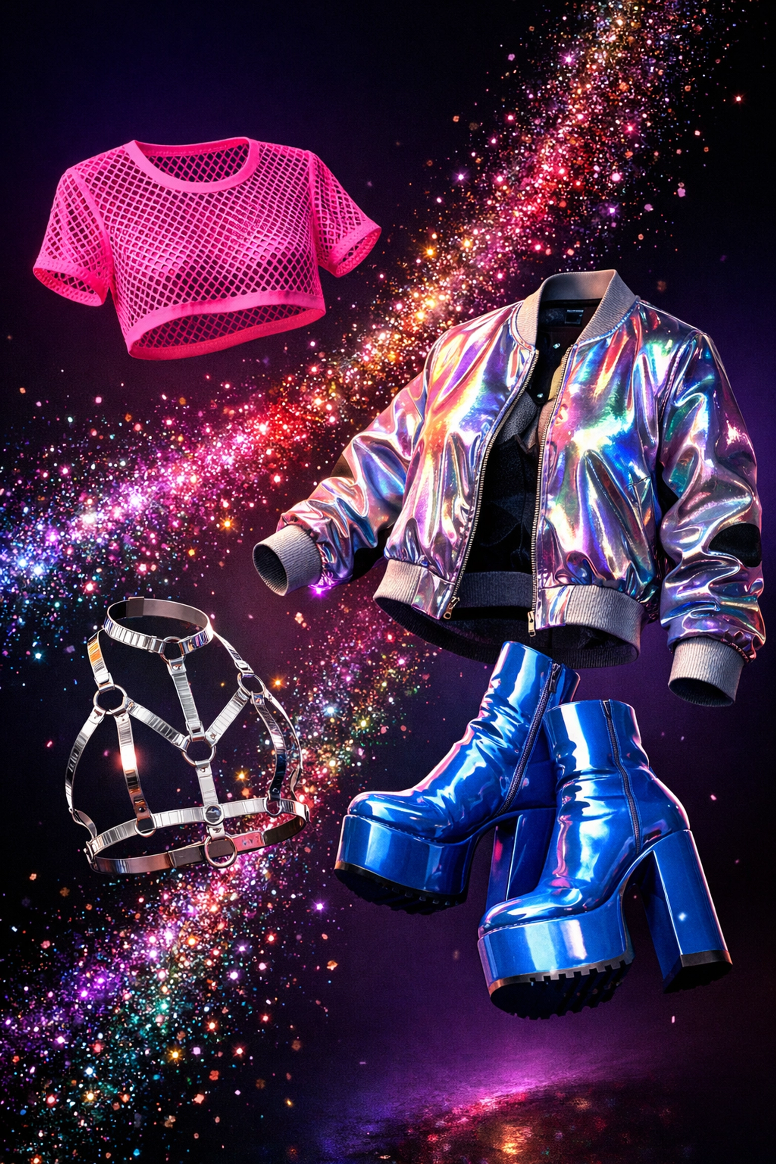 Neon mesh tops, platform boots, and holographic jacket showcasing queer party fashion essentials