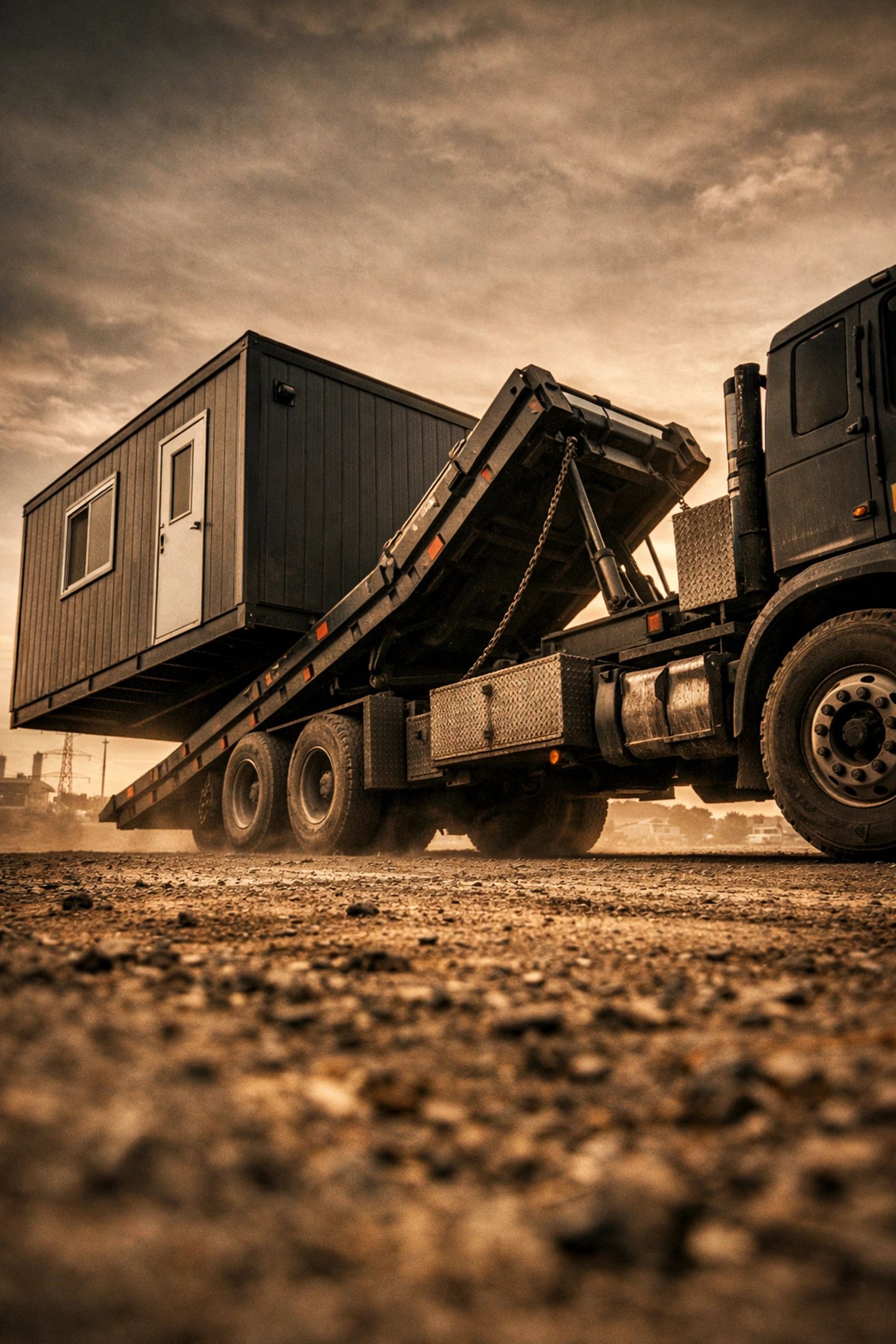 Heavy-duty truck delivering a porta potty rental in Fort Wayne to a stable gravel staging area.