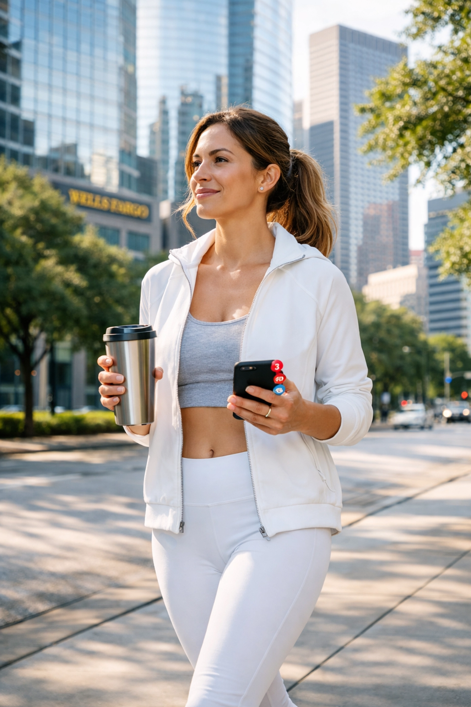 A high-achiever practicing lifestyle wellness coaching through a mindful walk on a Houston sidewalk.