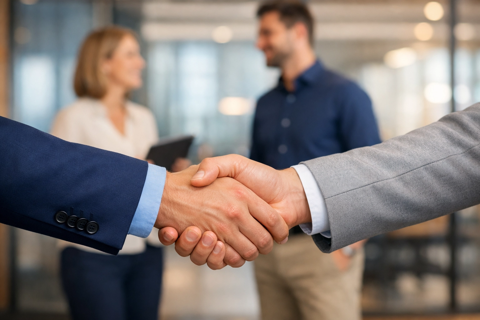 Professional handshake sealing commercial due diligence deal in modern office
