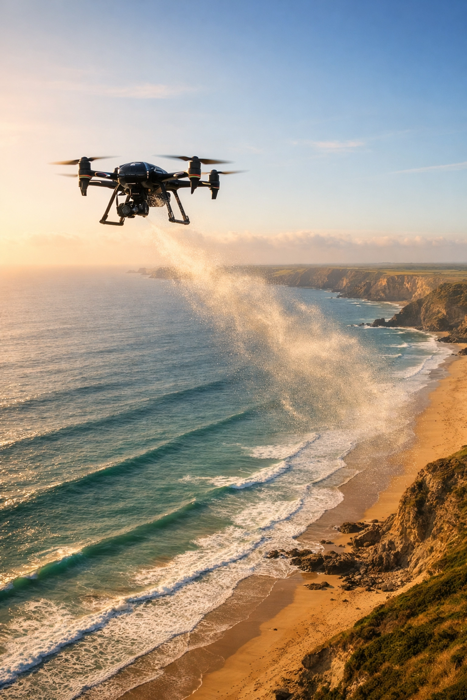 Drone scattering ashes over the turquoise water at Watergate Bay, Cornwall during a dignified aerial tribute.