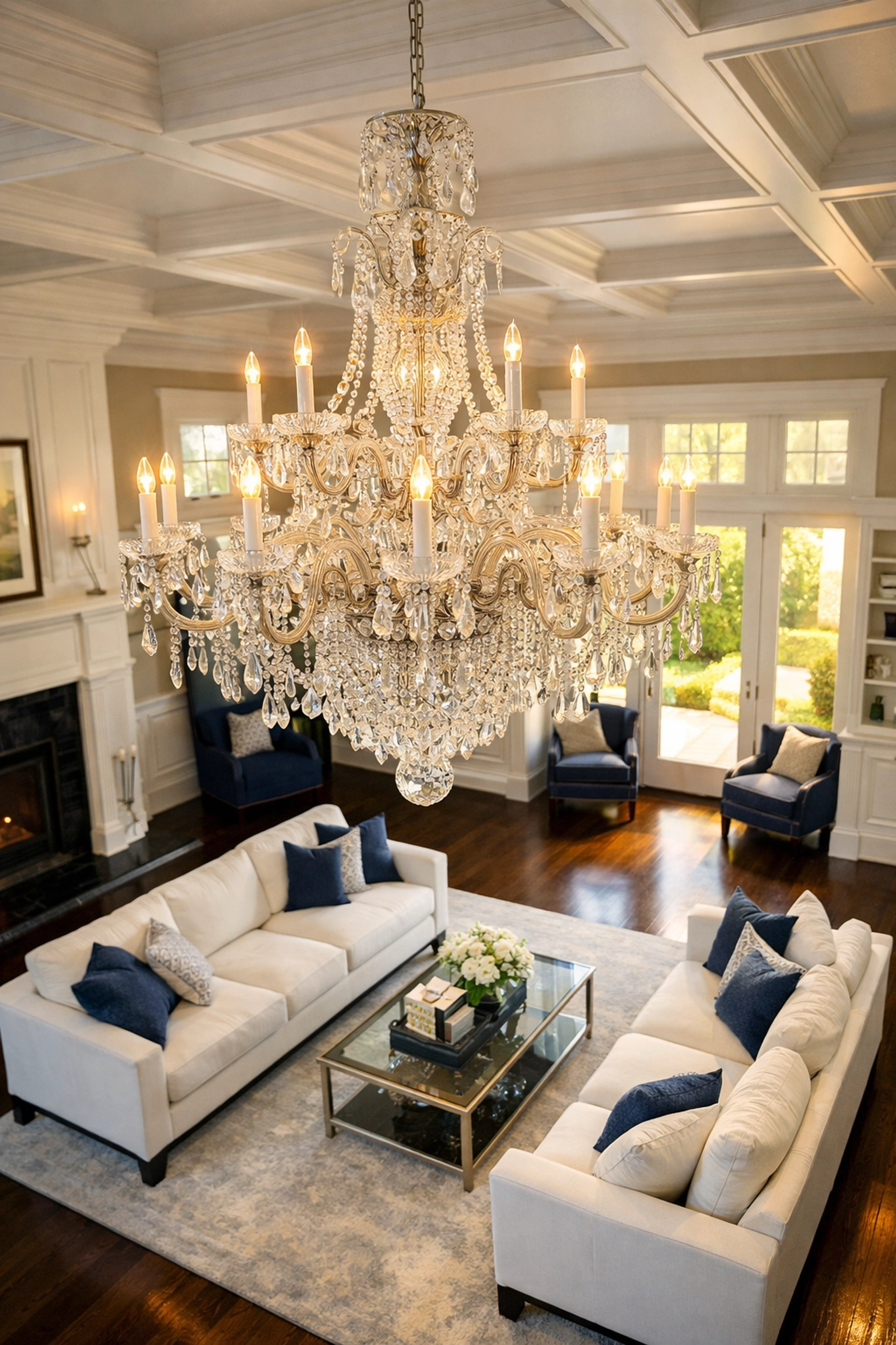 Professional cleaning services near me protecting a luxury Massachusetts living room and crystal chandelier.