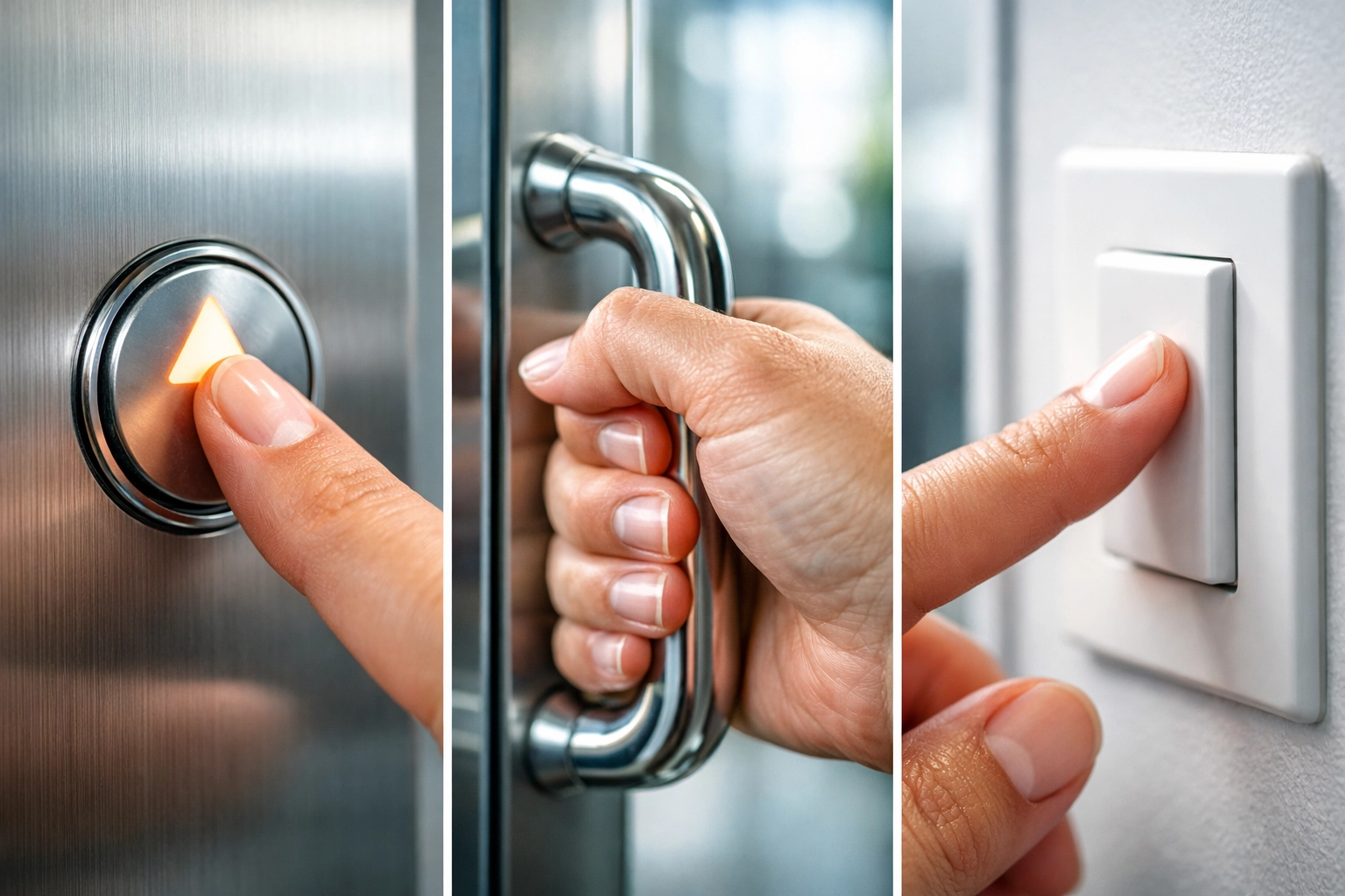Hands touching office high-touch surfaces including elevator buttons and door handles