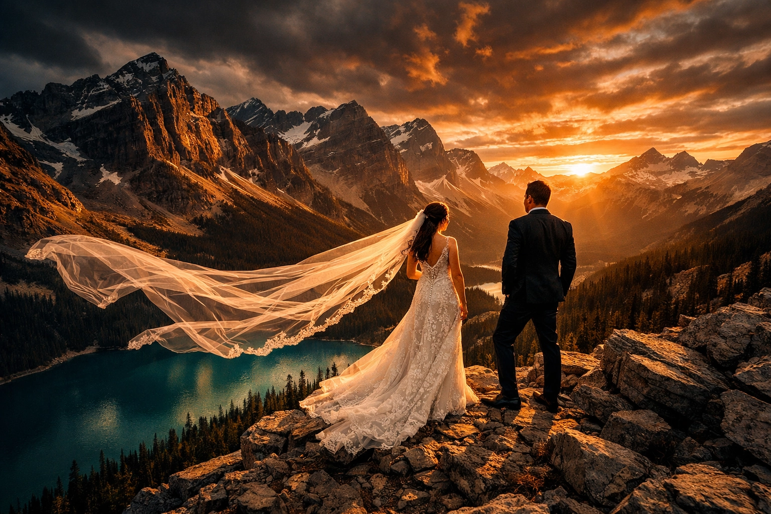 Bride and groom on a mountain ridge during a Banff elopement at sunset with a turquoise lake below.
