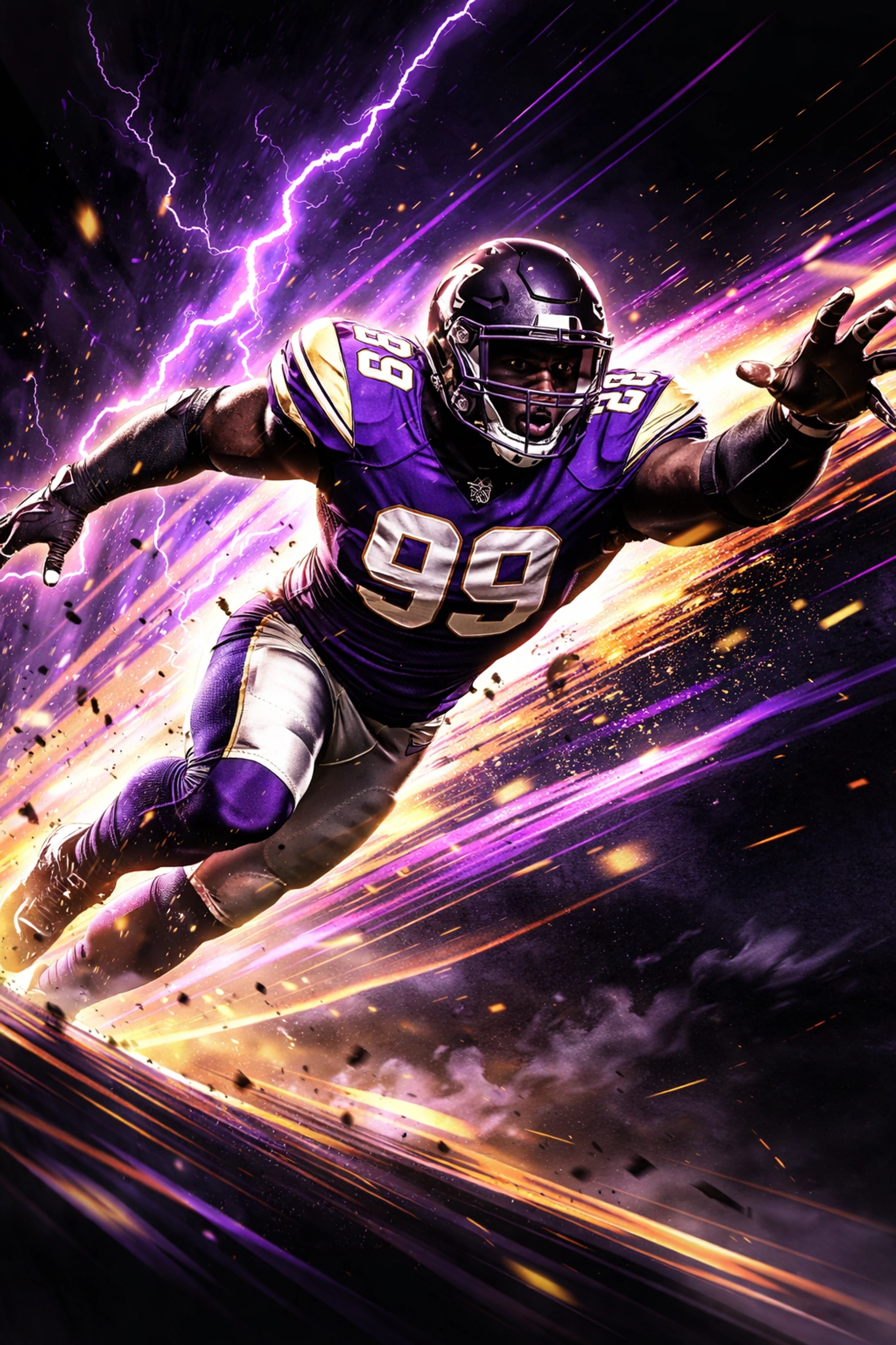 LSU defensive edge rusher in explosive purple and gold energy, symbolizing elite SEC defense