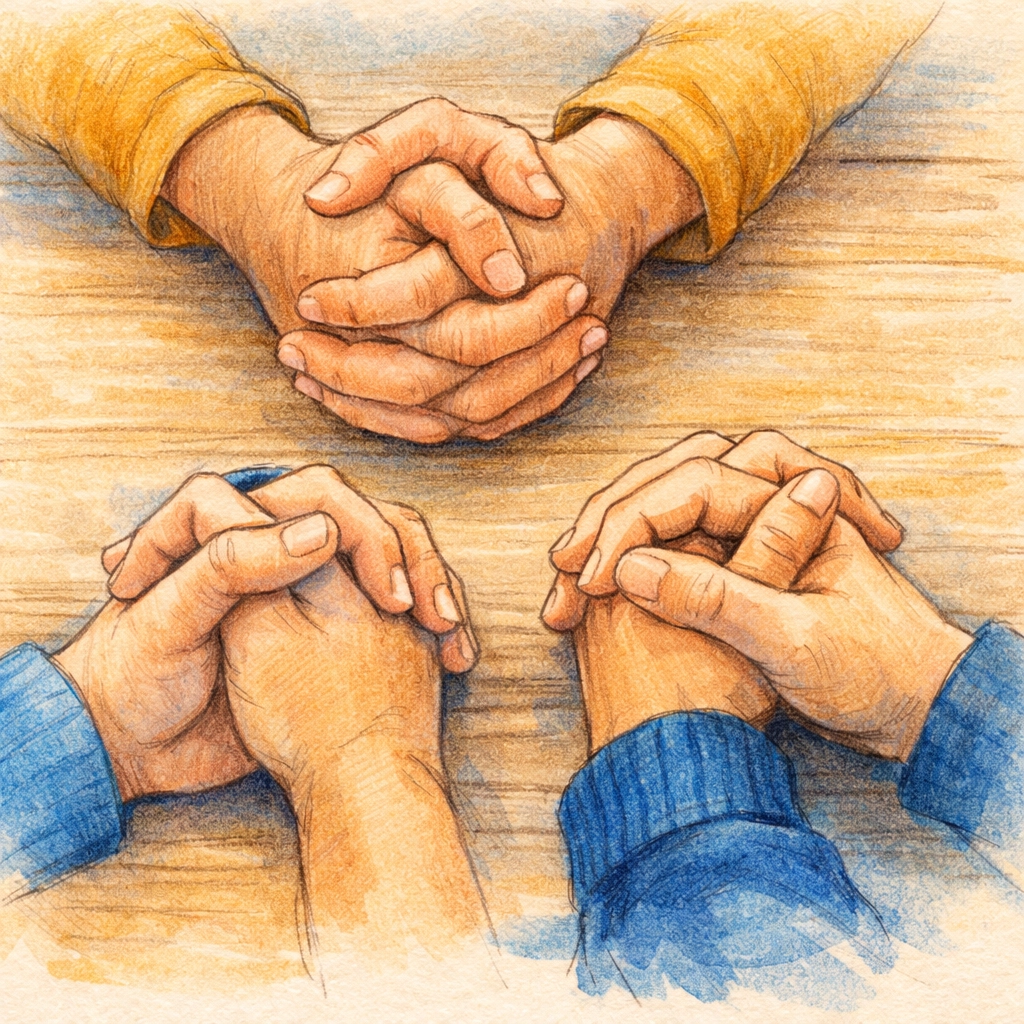 Hands clasped together in prayer and support showing Christian community and faith-based connection