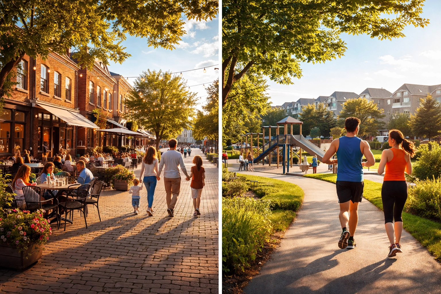 Split image showing Lawrenceville's historic downtown lifestyle and Mulberry's vibrant, modern community park