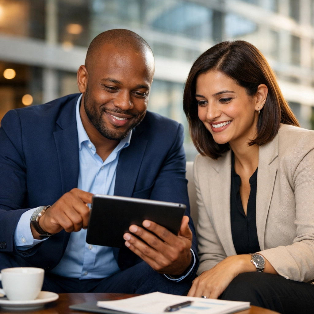 ServiceNow consulting services team reviewing DORA compliance and platform ROI metrics on a tablet.