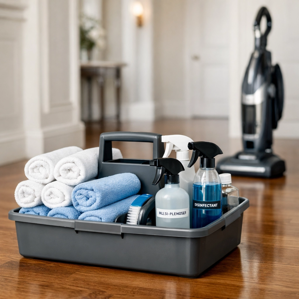 A professional cleaning caddy with fresh cloths on a polished floor for deep cleaning in Hingham MA.