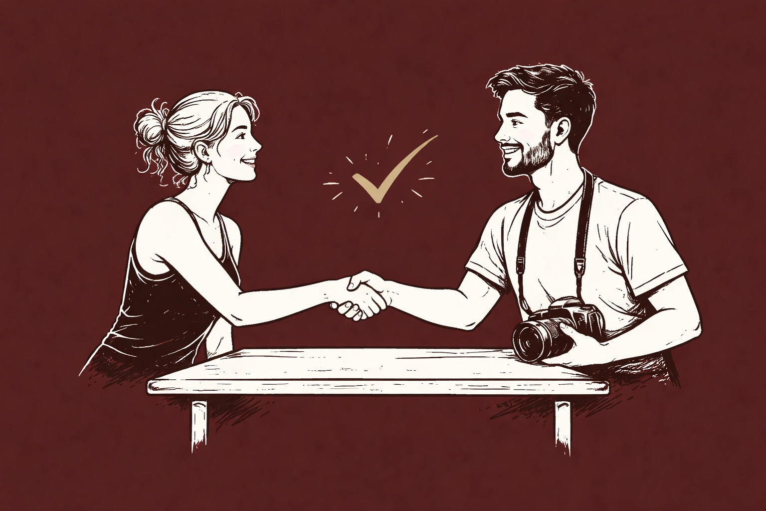 Hand-drawn illustration of a model and photographer shaking hands with a verification checkmark, highlighting trust and authentic collaboration at IncluHub.