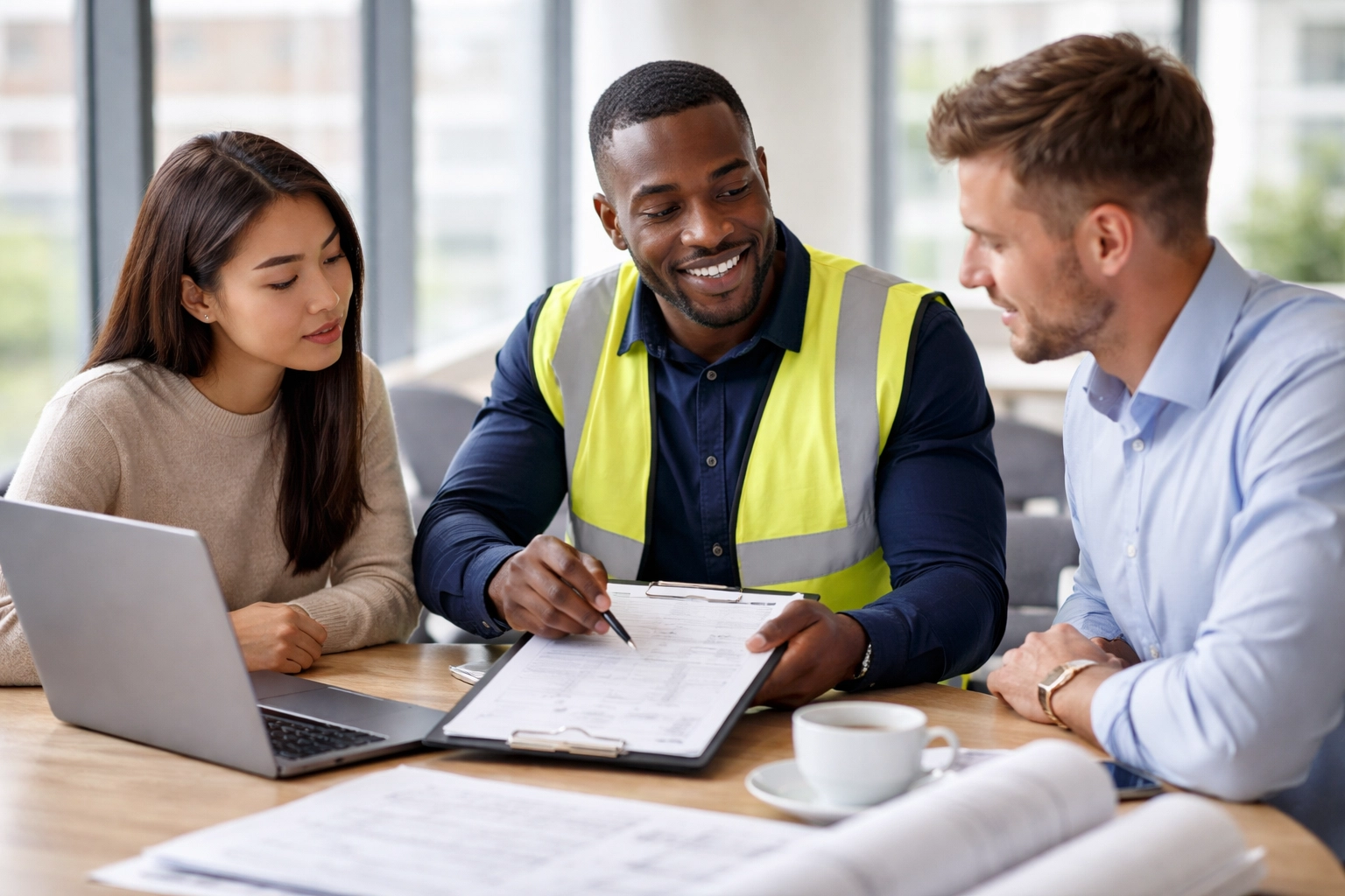 Diverse team of party wall surveyors and clients discussing Essex building project paperwork in office