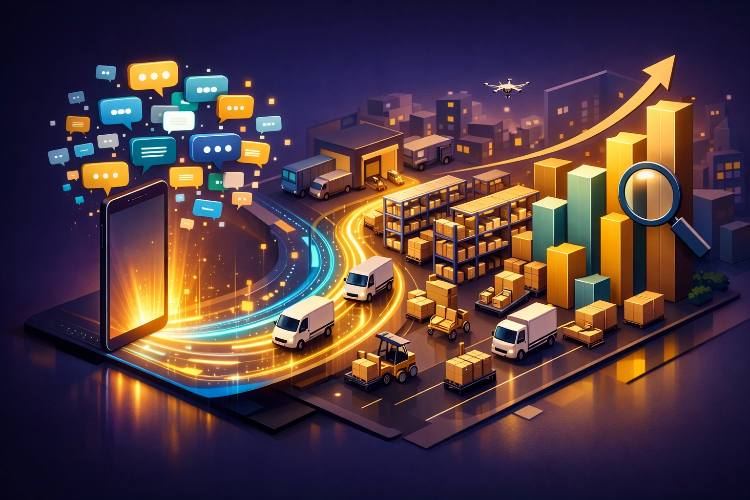 Digital growth ecosystem mapping the journey from social media messages to physical logistics and delivery.