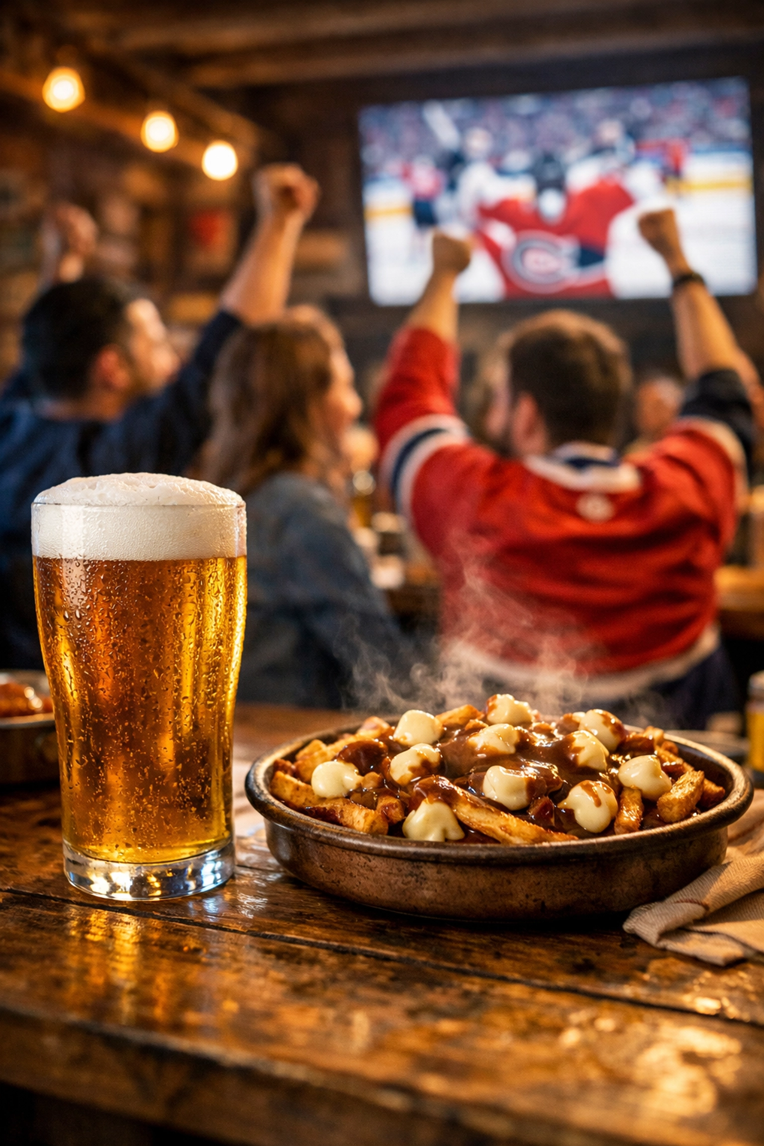 Authentic Montreal poutine and cold beer at a local sports bar while fans cheer for the home team.