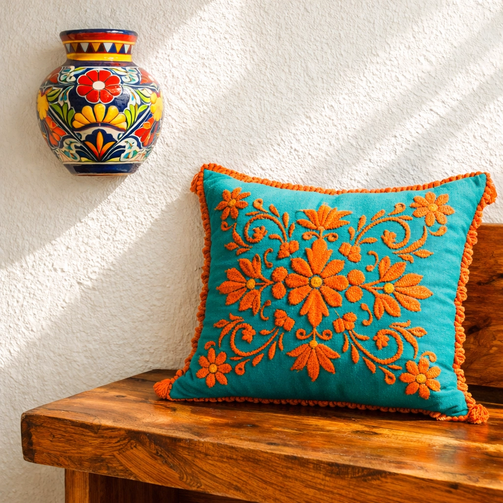 Vibrant Mexican decor and local textiles inside a bright Puerto Vallarta apartment rental.