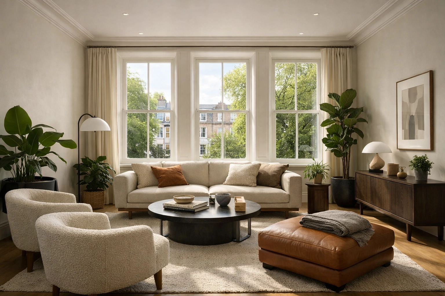 A comfortable, energy-efficient London townhouse living room with secondary glazing.