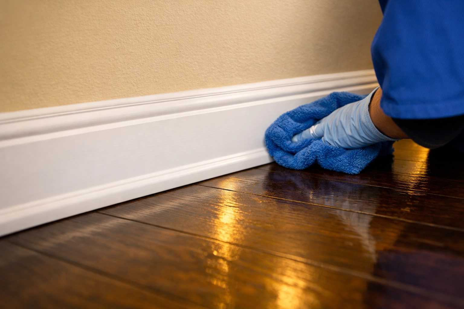 Deep house cleaning in Ashby MA focusing on pristine white baseboards and polished hardwood floors.