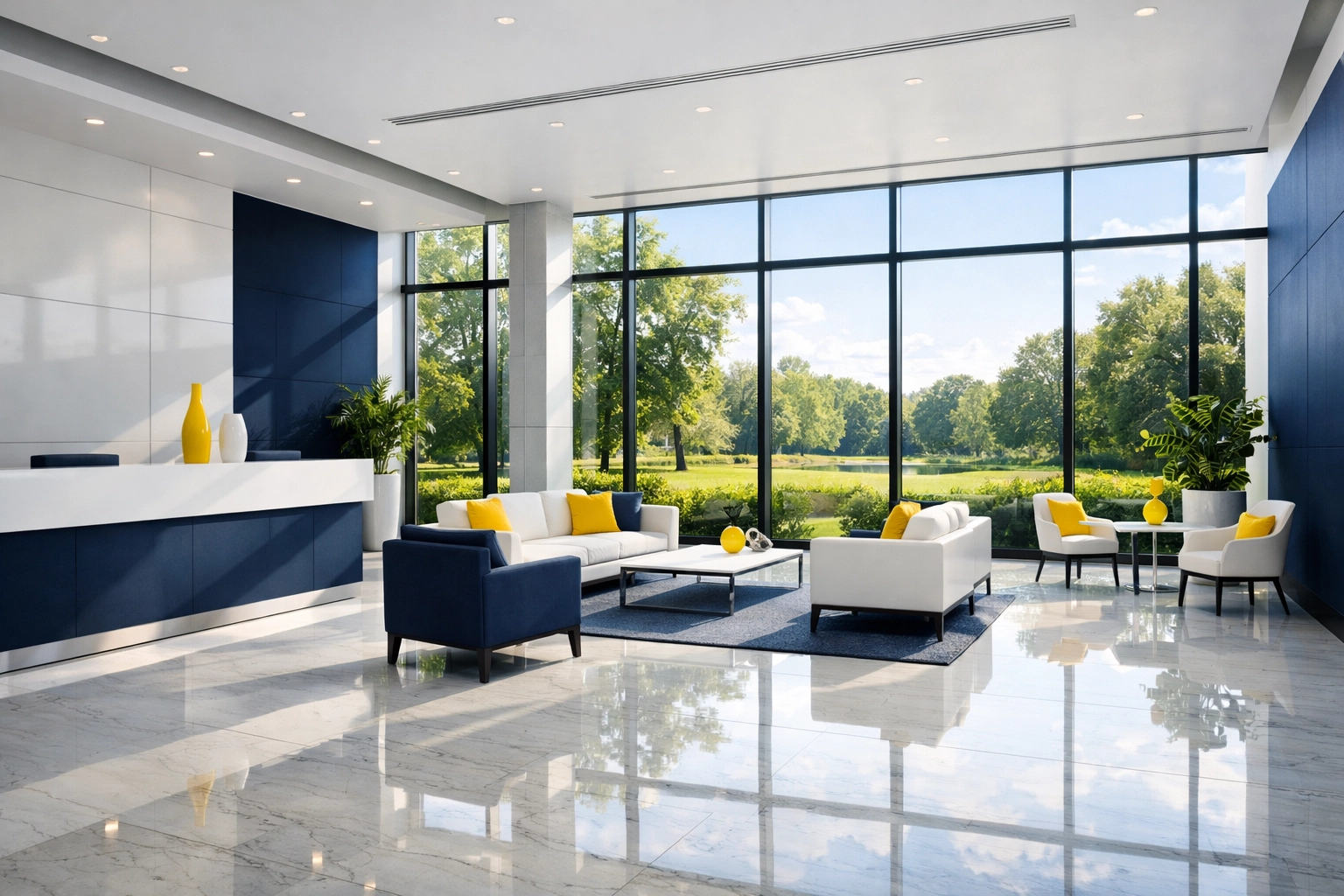 Modern eco-friendly office lobby in Hopkinton MA with clean windows and polished floors.