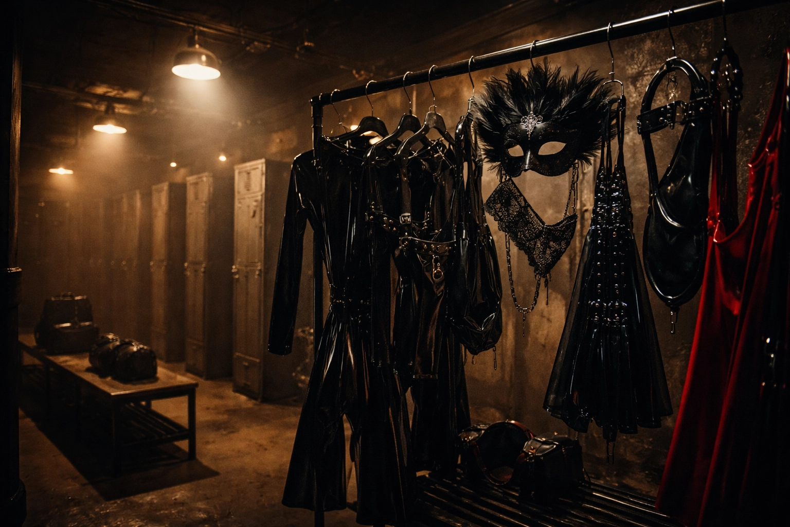 Cloakroom with fetish wear on display before a group sex night, setting the scene for local sex parties.