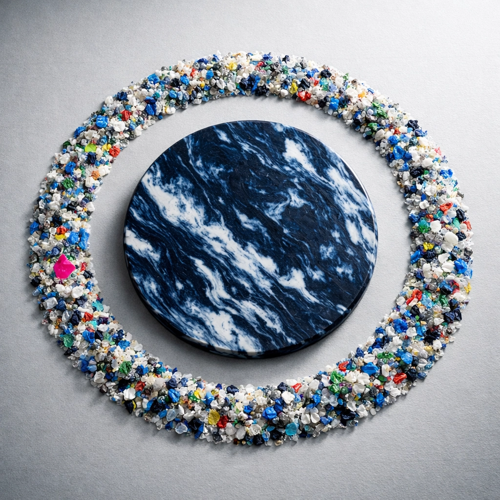 Circular recycled plastic plate and shredded waste regrind, showing an Australian circular economy process.