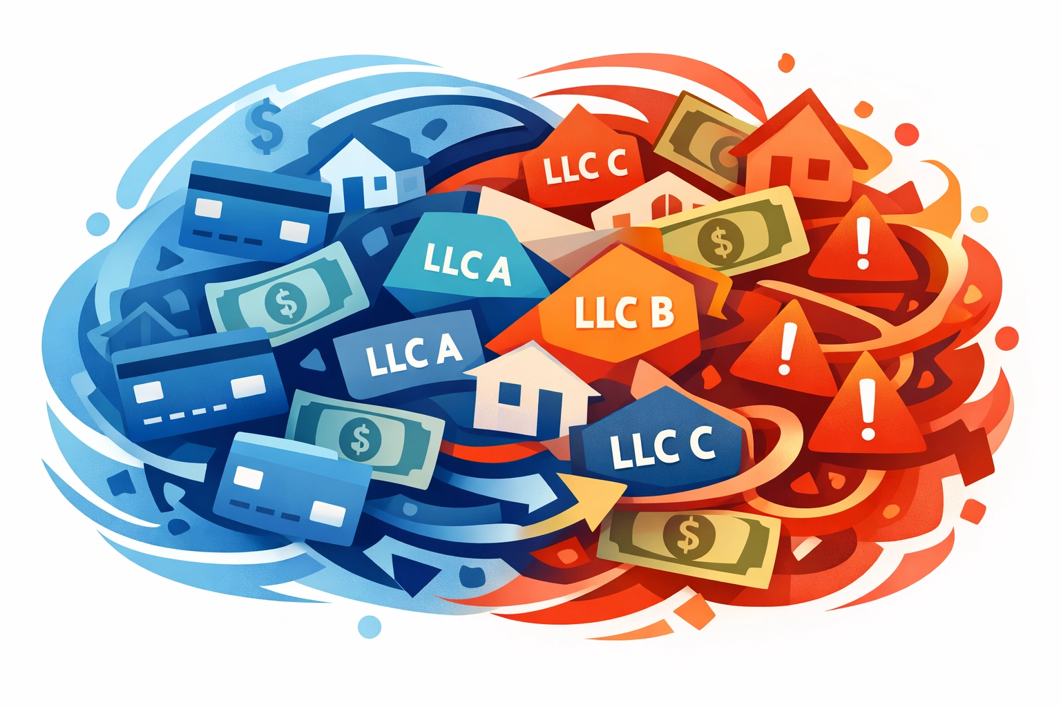 Commingling funds risk diagram showing mixed business and personal finances across multiple LLCs