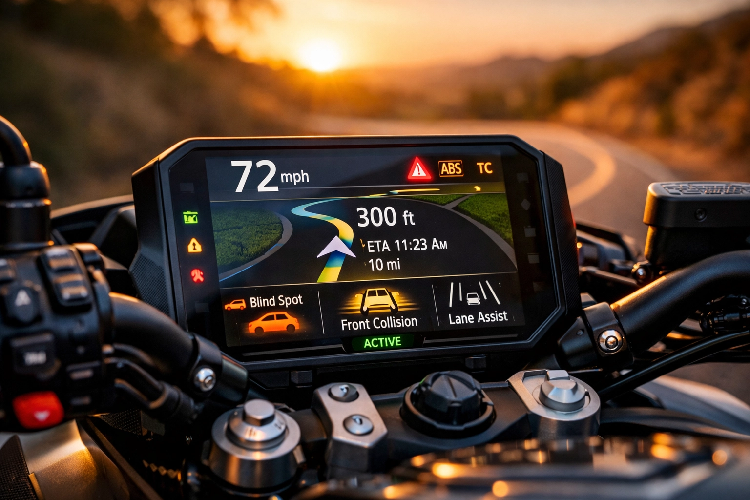 Modern motorcycle digital dashboard showing NTSB safety alerts and navigation for a fear-free ride.