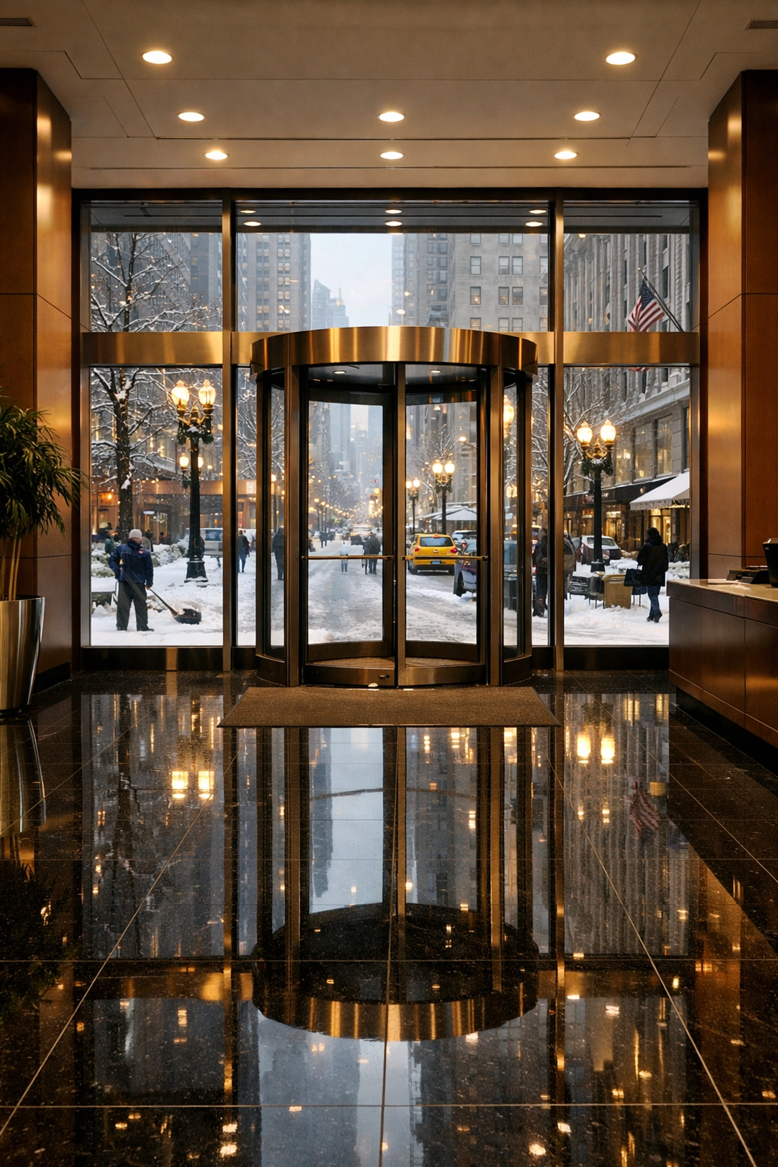 Spotless Chicago commercial lobby with polished granite floors protected from winter salt and slush.