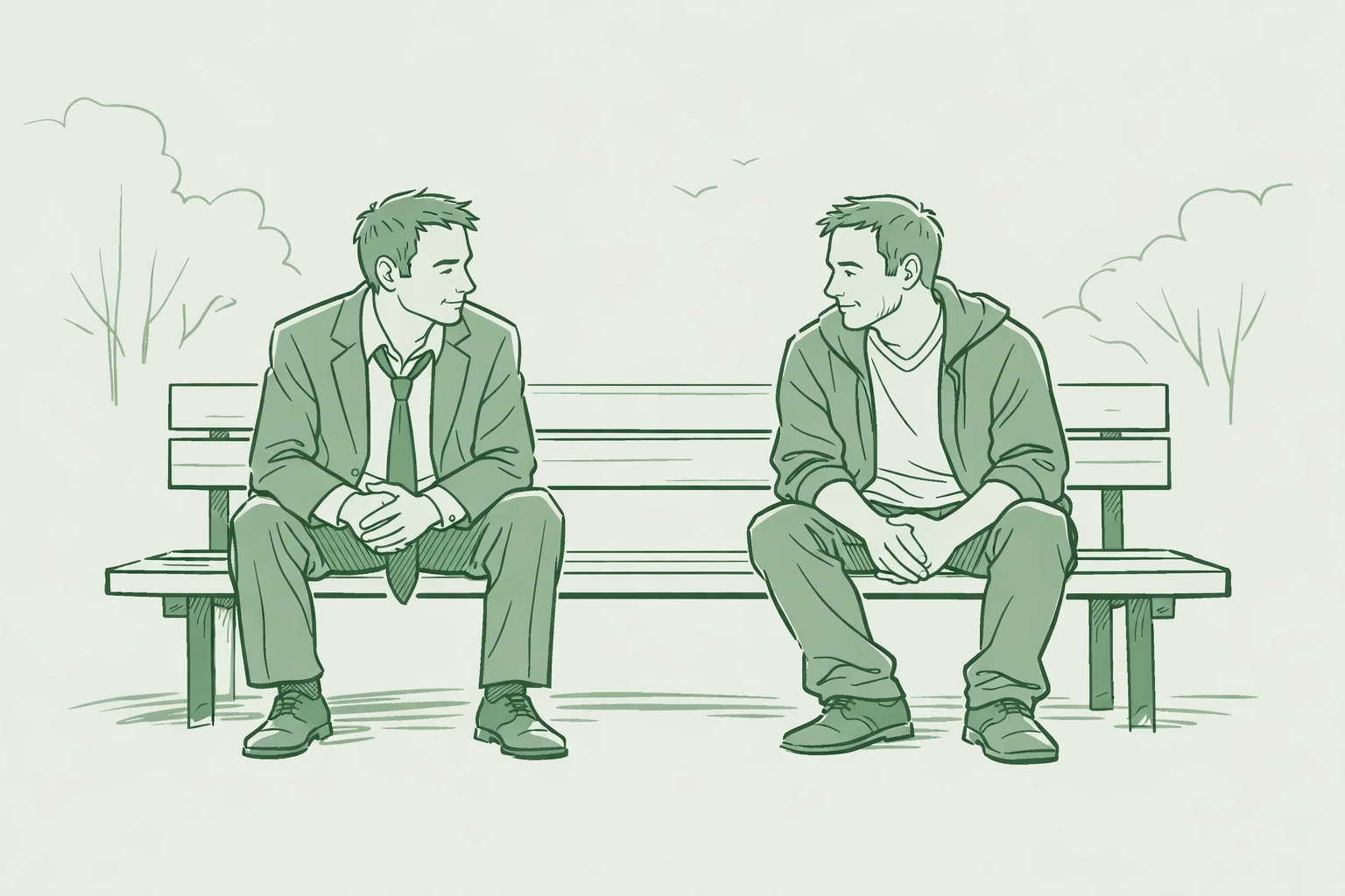 Two men in their 40s connecting on park bench - late bloomer gay romance illustration
