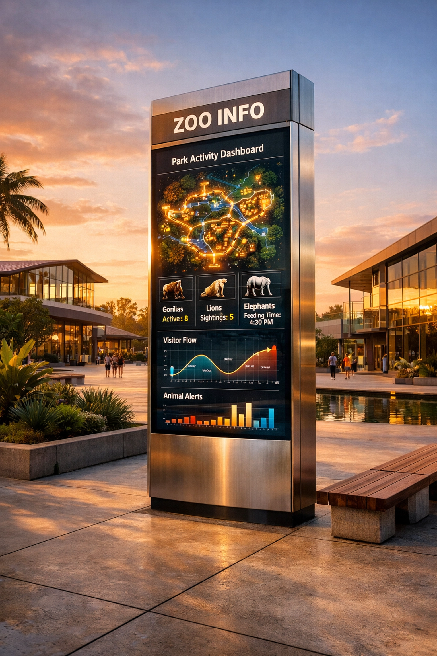 Digital signage pylon displaying real-time visitor insights and park data in a modern smart zoo plaza.