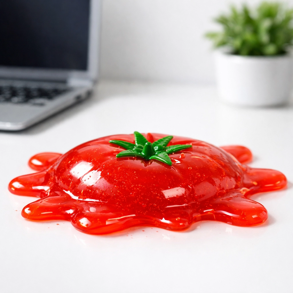 Red splat tomato stress toy flattened on a modern office desk as a unique promotional product for businesses.
