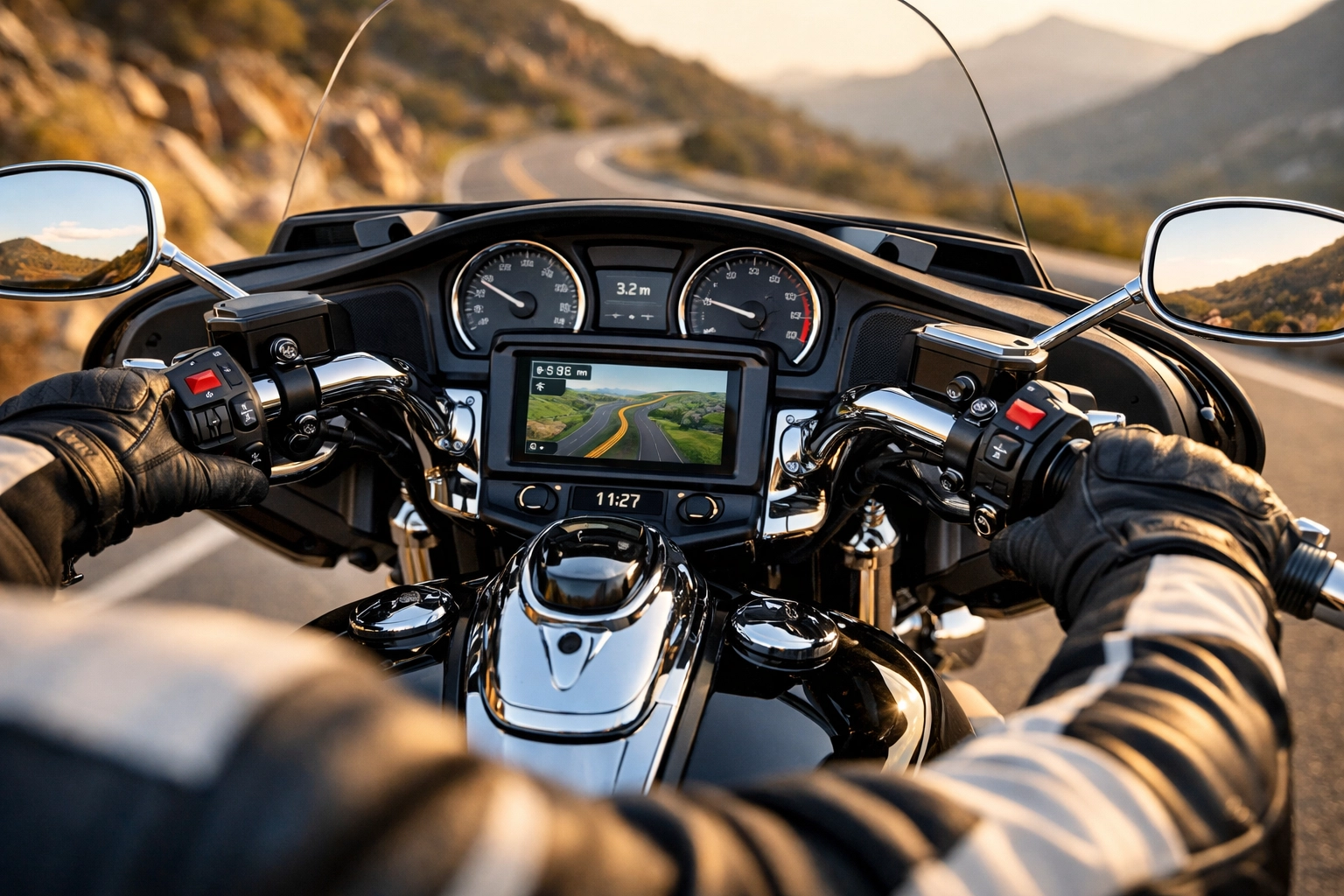 Professional rider using touring motorcycle controls with precision safety gear on a scenic mountain road.