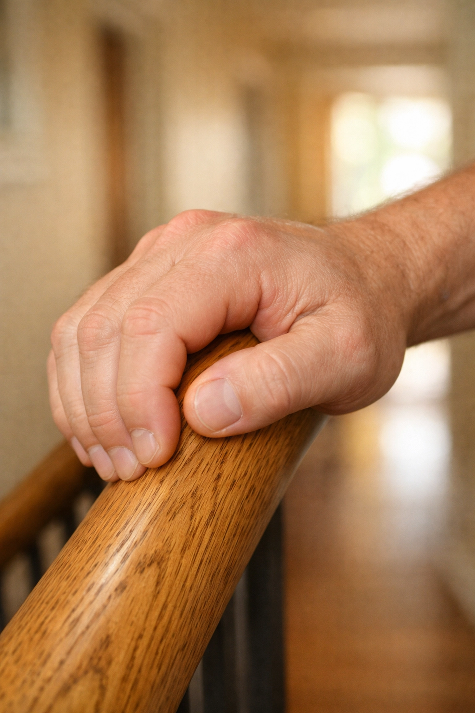 A hand securely using a power grip on a rounded wooden handrail for stair safety and stability.