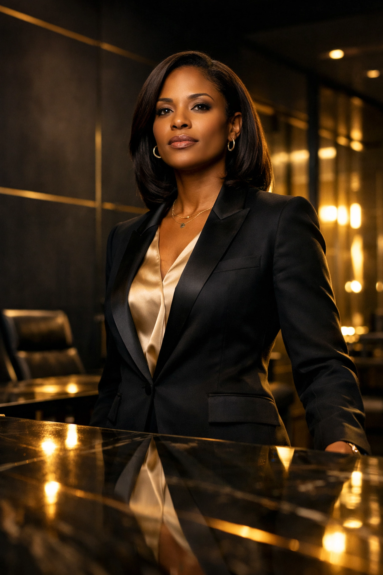 Modern woman of color executive leading in a high-stakes professional corporate boardroom environment.