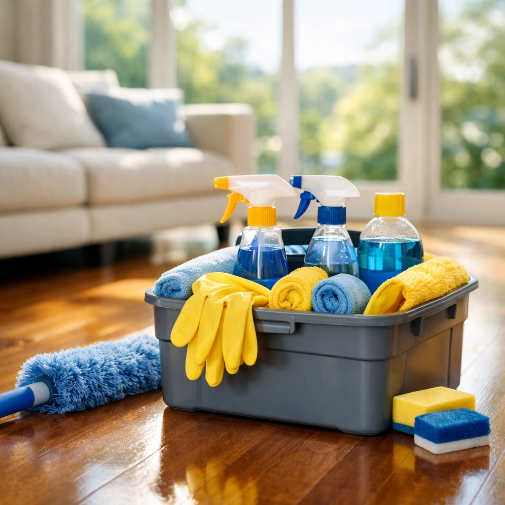 Professional house cleaning services in Northborough MA equipment on a clean hardwood living room floor.