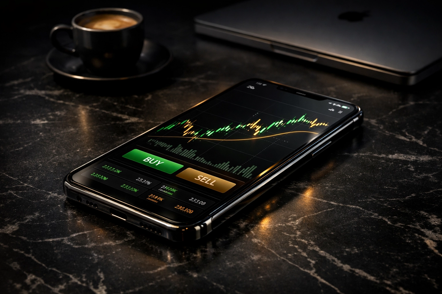 Smartphone displaying one click trading interface on minimalist desk with coffee and laptop