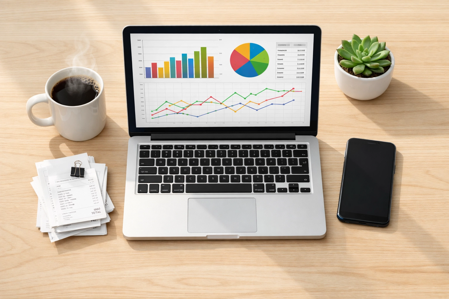 Organized desk workspace with laptop showing QuickBooks financial reports for tax preparation