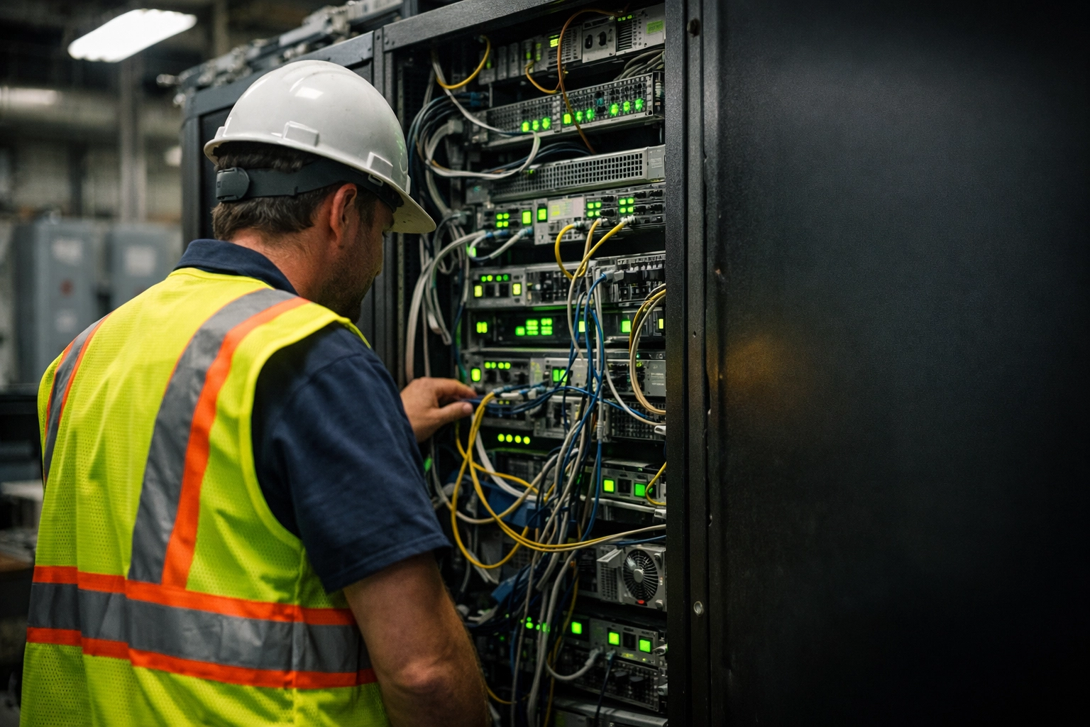 IT technician troubleshooting messy server racks and legacy hardware in an Omaha facility.