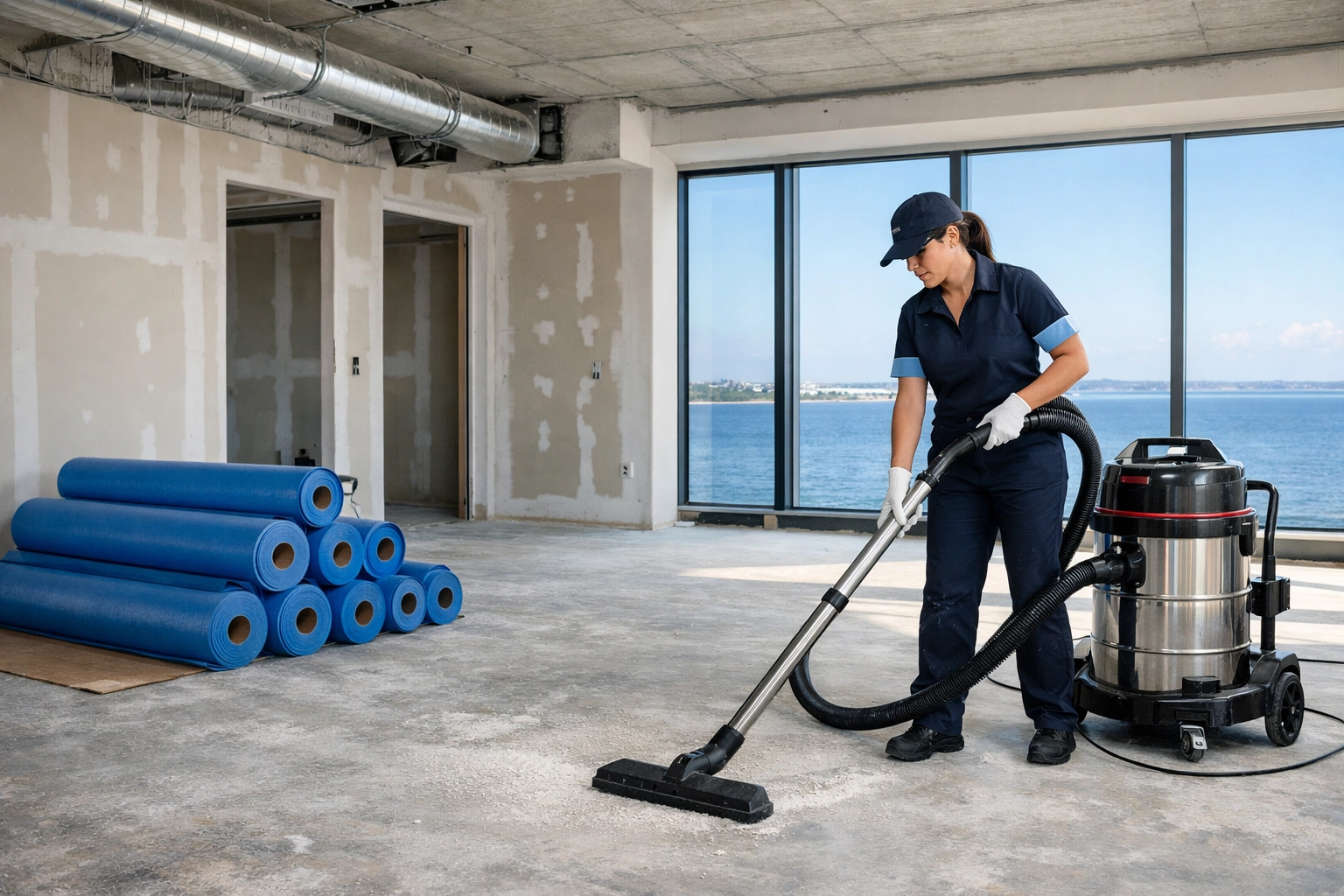 Professional cleaner performing post construction cleaning in a luxury St. Pete condo overlooking Tampa Bay.