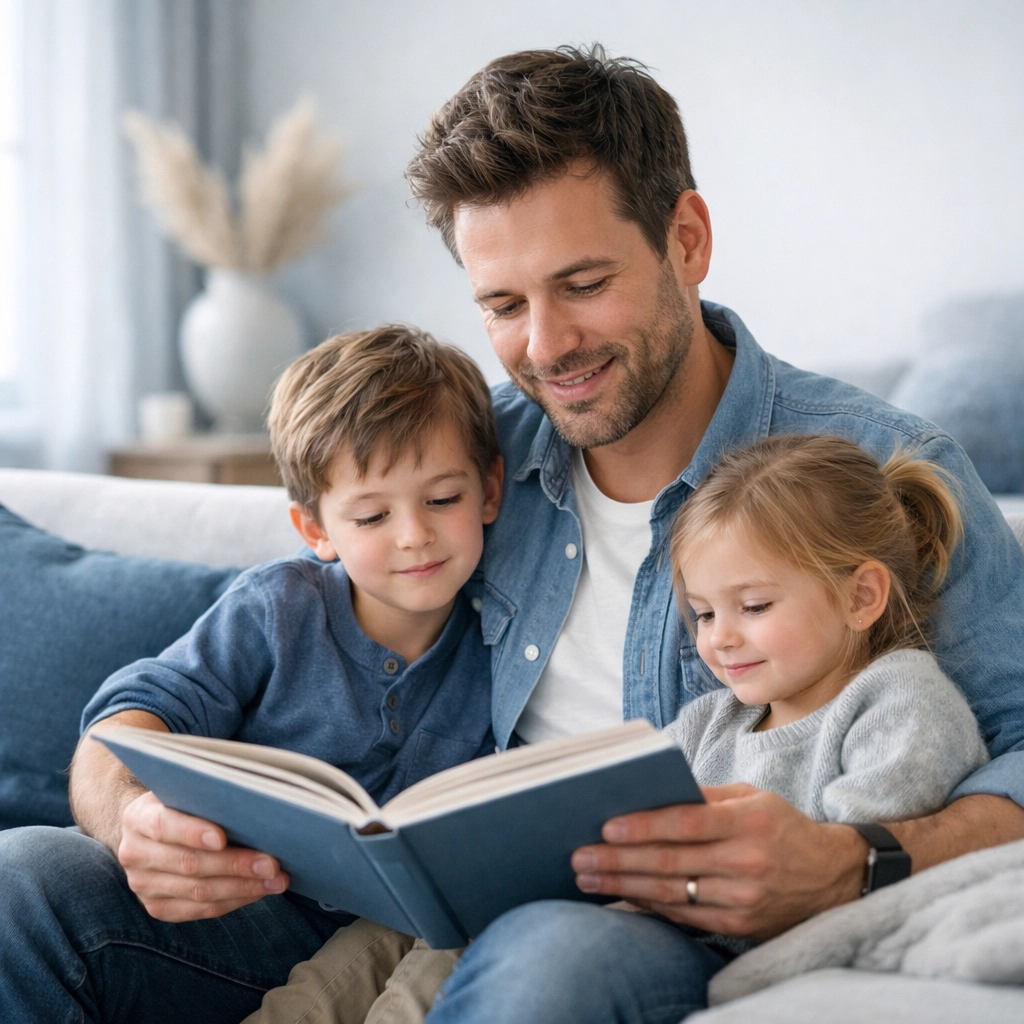 Father and kids in a sunlit home, illustrating life insurance for family protection and financial security.
