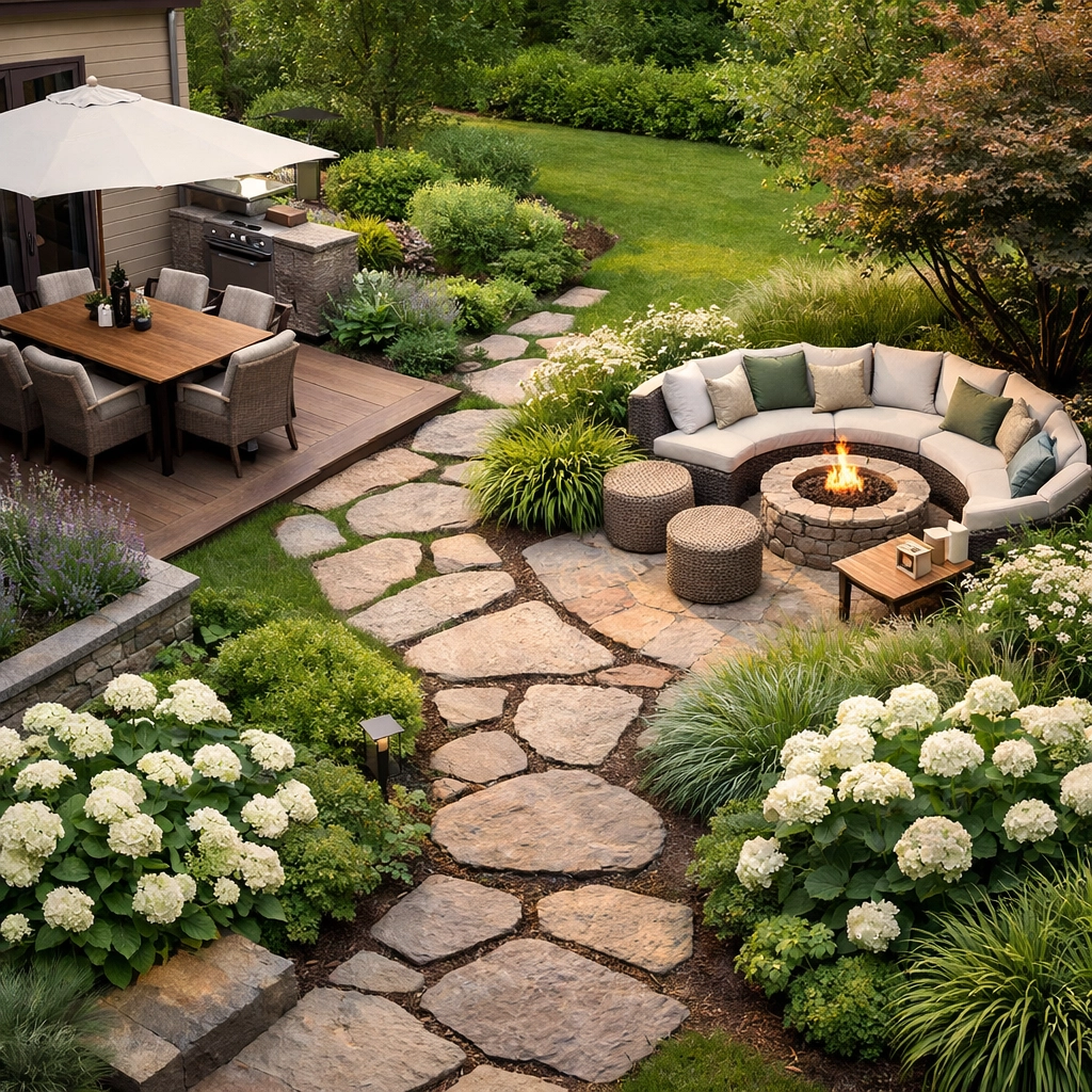 Functional landscape design in Chattanooga featuring stone paths and separate entertaining zones.