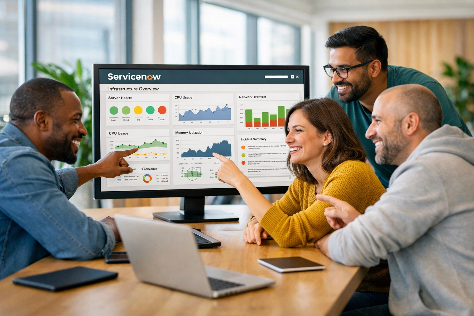 IT operations team collaborating on ServiceNow ITOM dashboard implementation and optimization