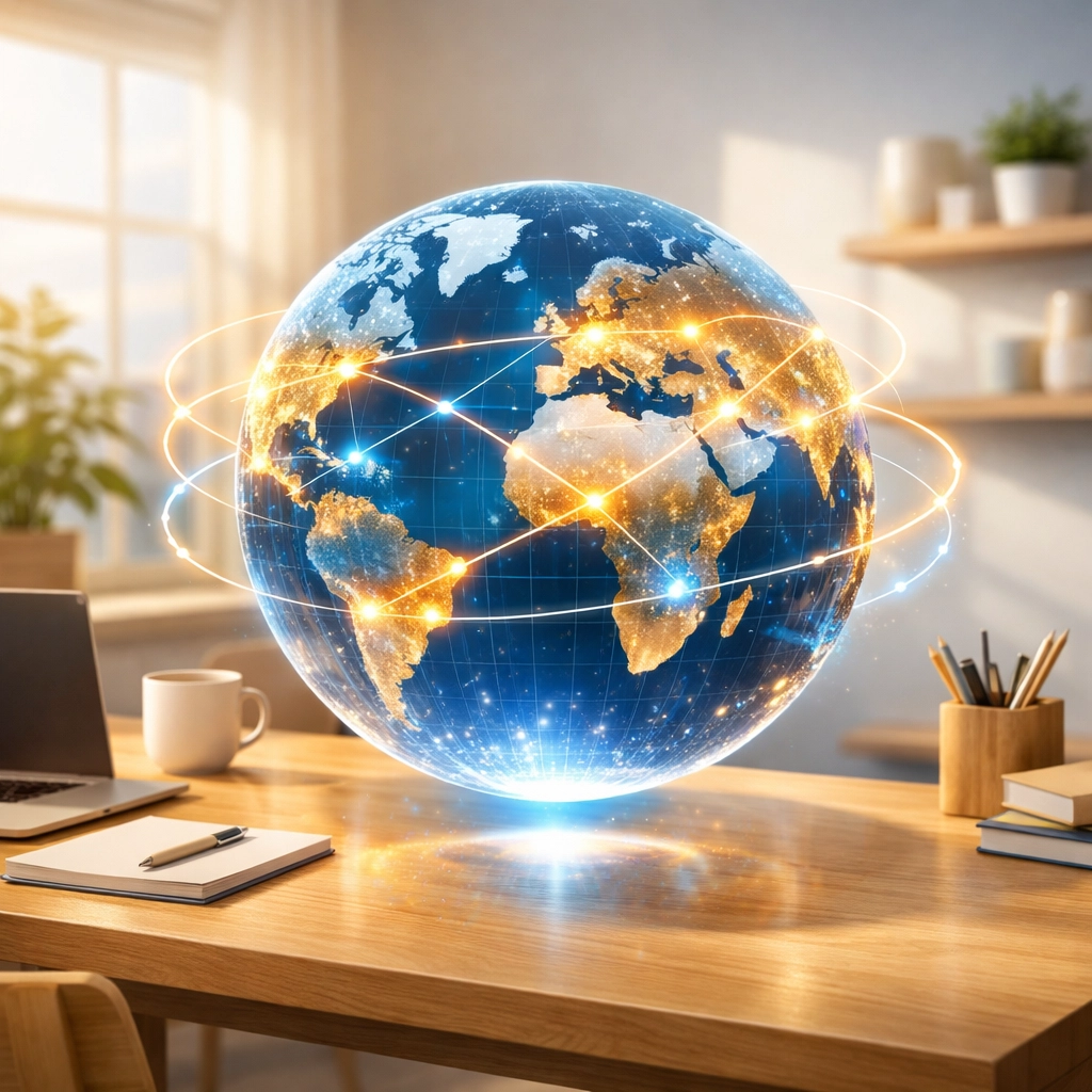 Digital globe with connection lines representing international market research and SMART business goals.