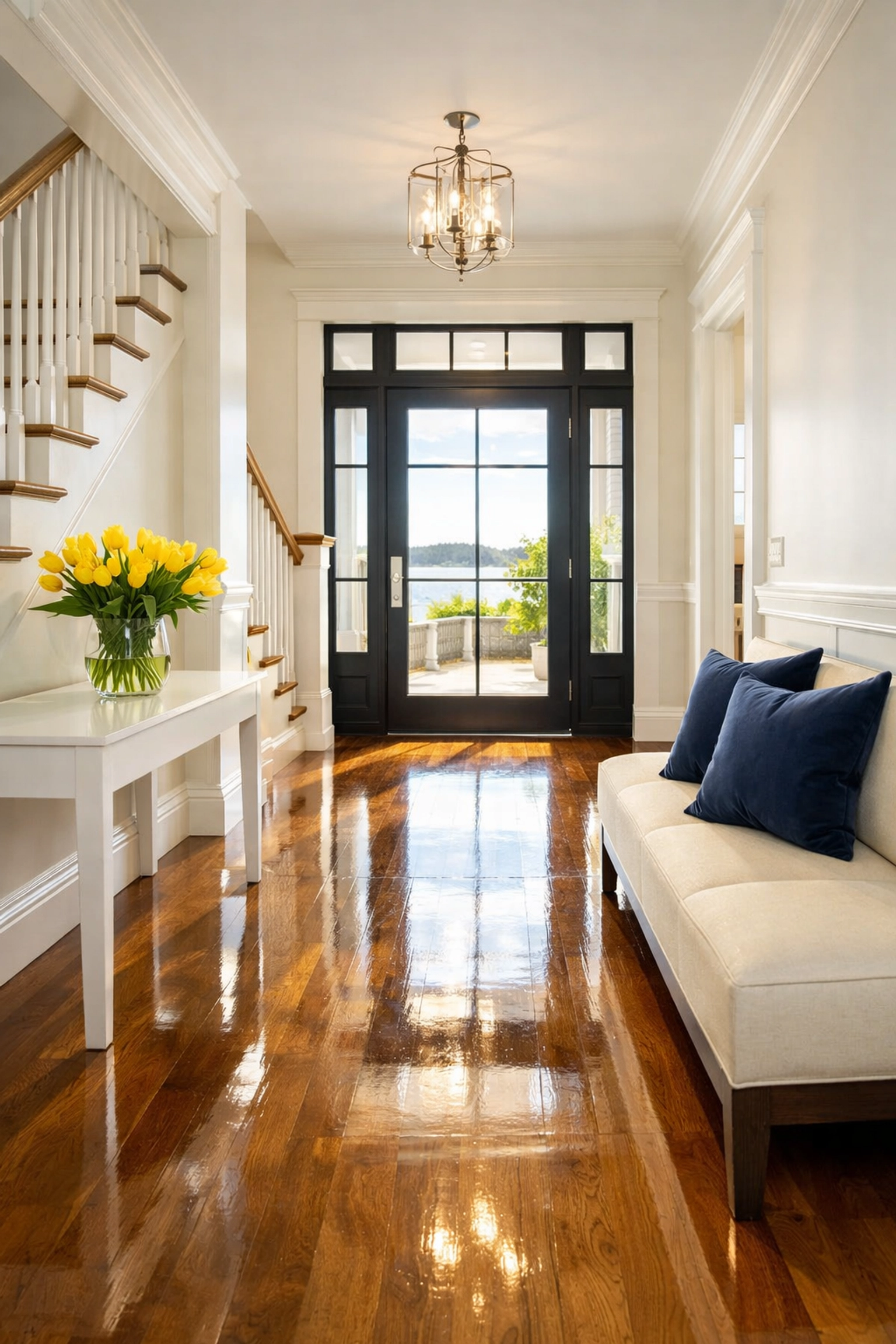 Pristine luxury foyer in a Lunenburg home with polished floors from professional staging cleaning.