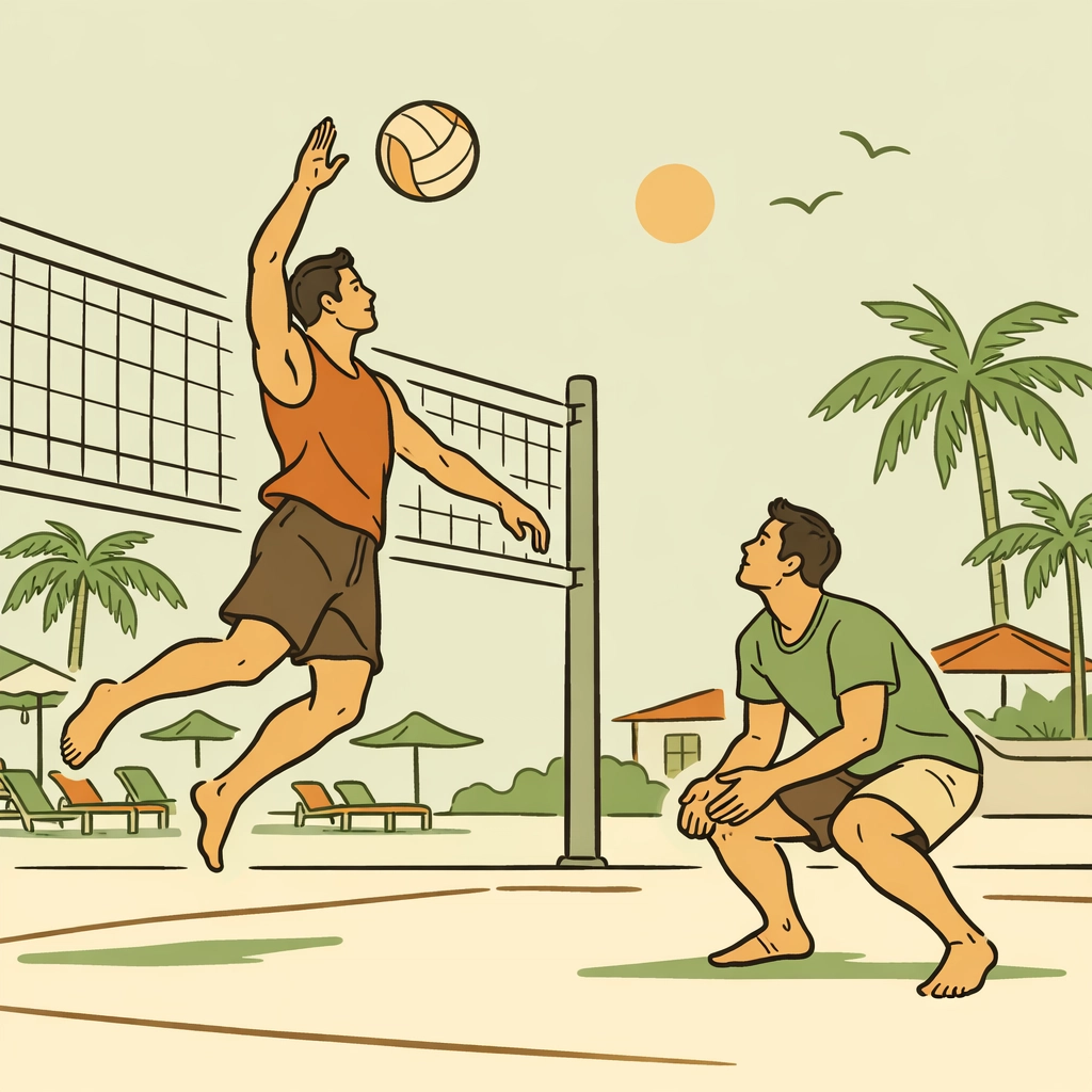 Men playing volleyball at Cypress Cove clothing-optional resort recreation area