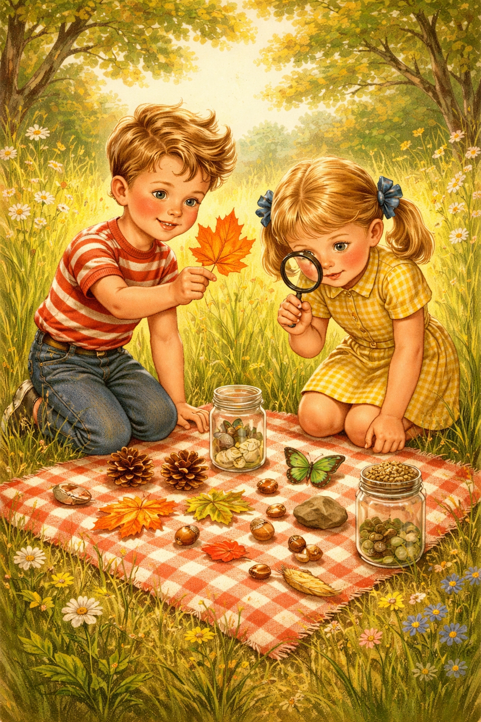 Two children examining leaves and rocks from their nature scavenger hunt on a picnic blanket in tall grass