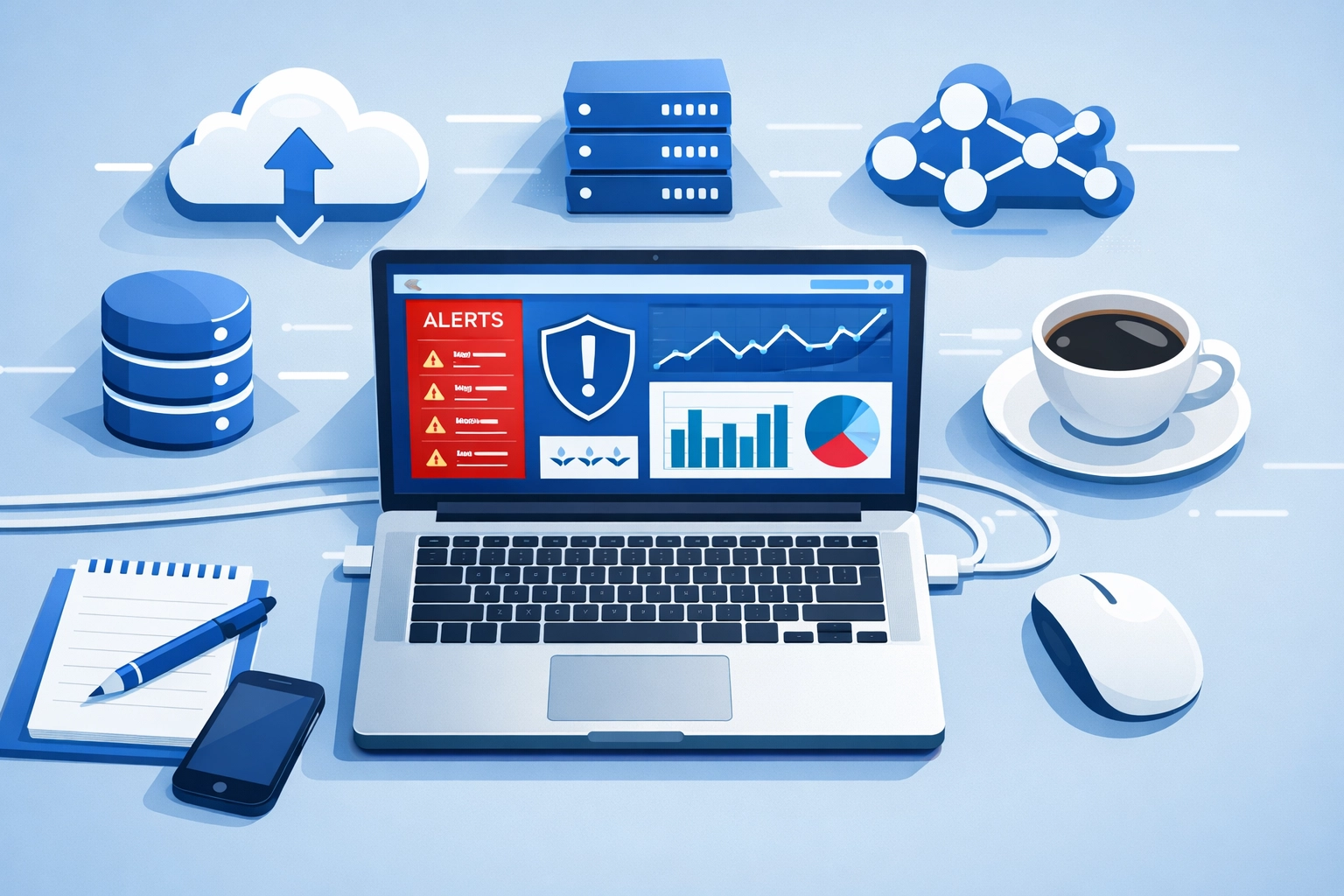 Managed IT services dashboard monitoring security alerts and network systems