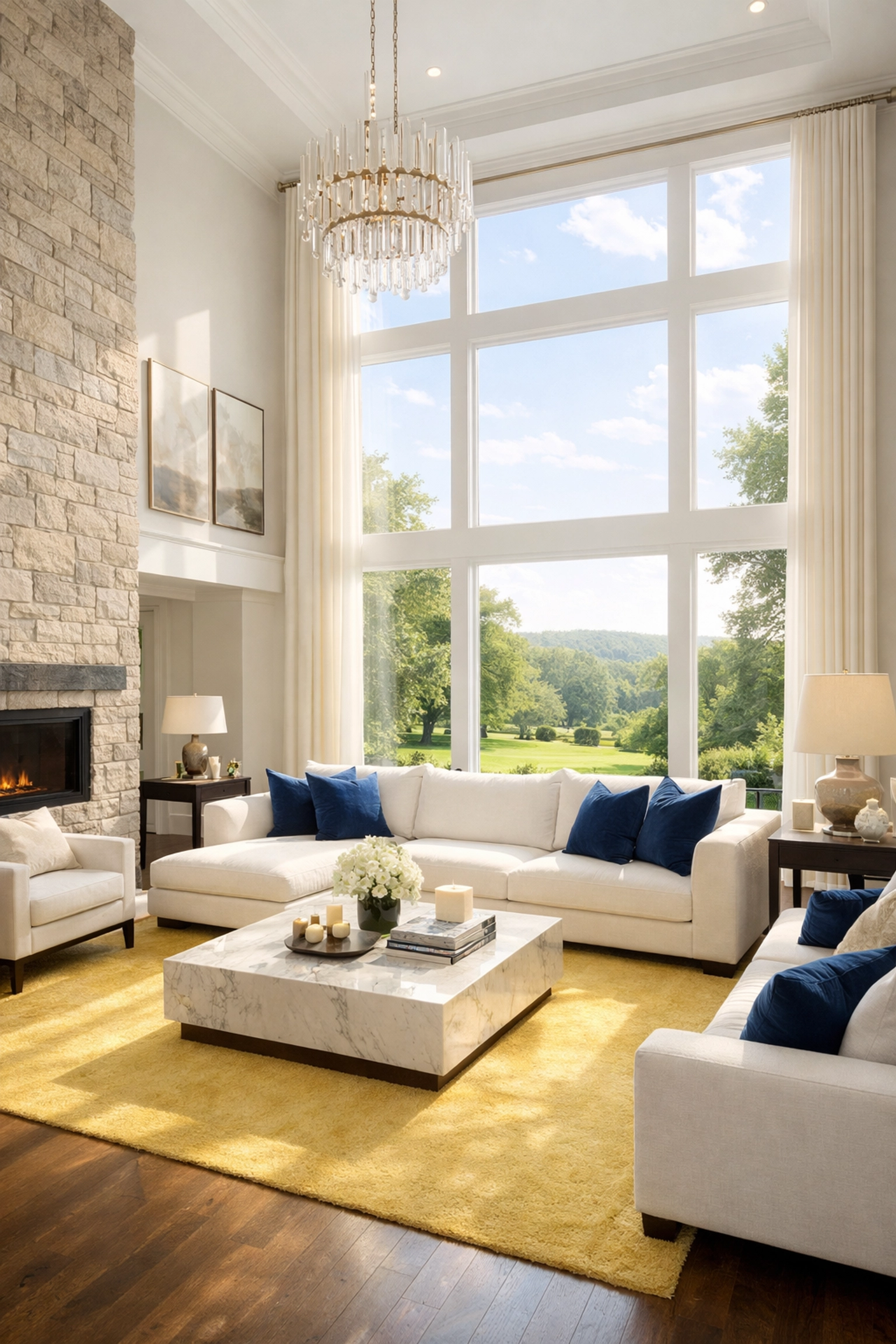 A bright, professionally cleaned luxury living room in Hamilton with spotless surfaces and high ceilings.