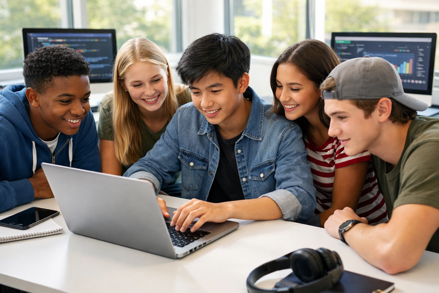 High school students collaborating on coding project for tech talent pipeline development